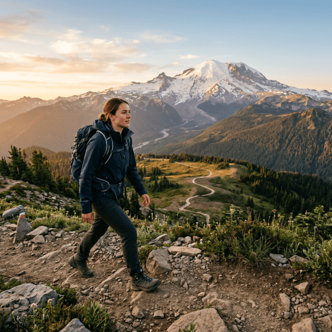 Woman hiking on rocky mountain trail with snow-capped peak in background