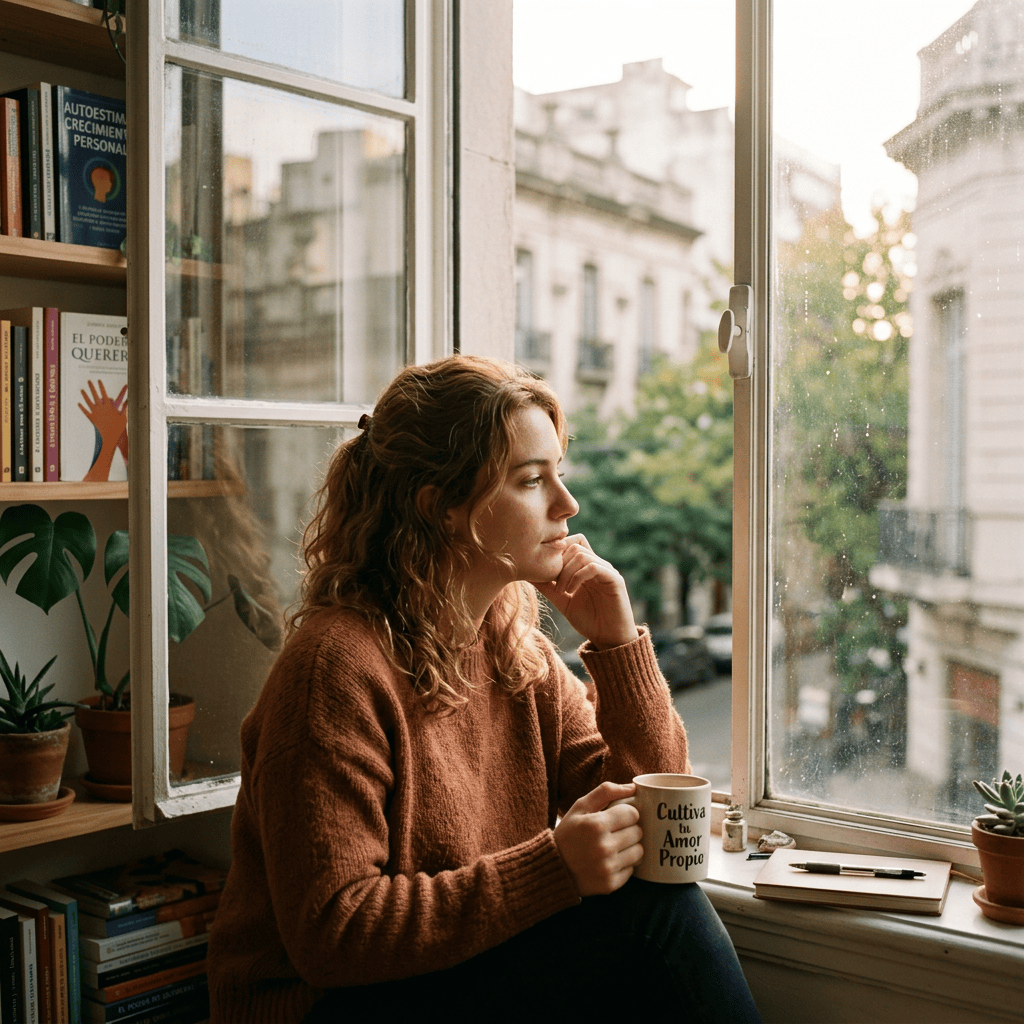 Woman holding a mug reading “Cultiva Amor Propio” beside books labeled “Autoestima Crecimiento Personal” and “El Poder de Querer.”
